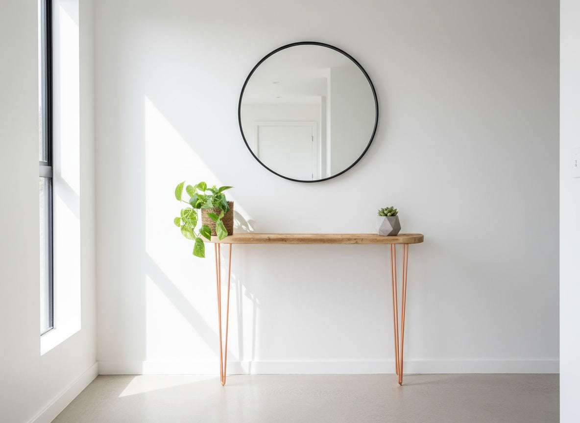 Minimalist interior with a round mirror and wooden console table against a white wall.