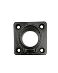 Black metal flange with central circular opening on a white background