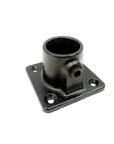 Black metal wall flange fitting on a white background