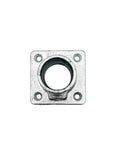 Metallic square socket with round component on a white background