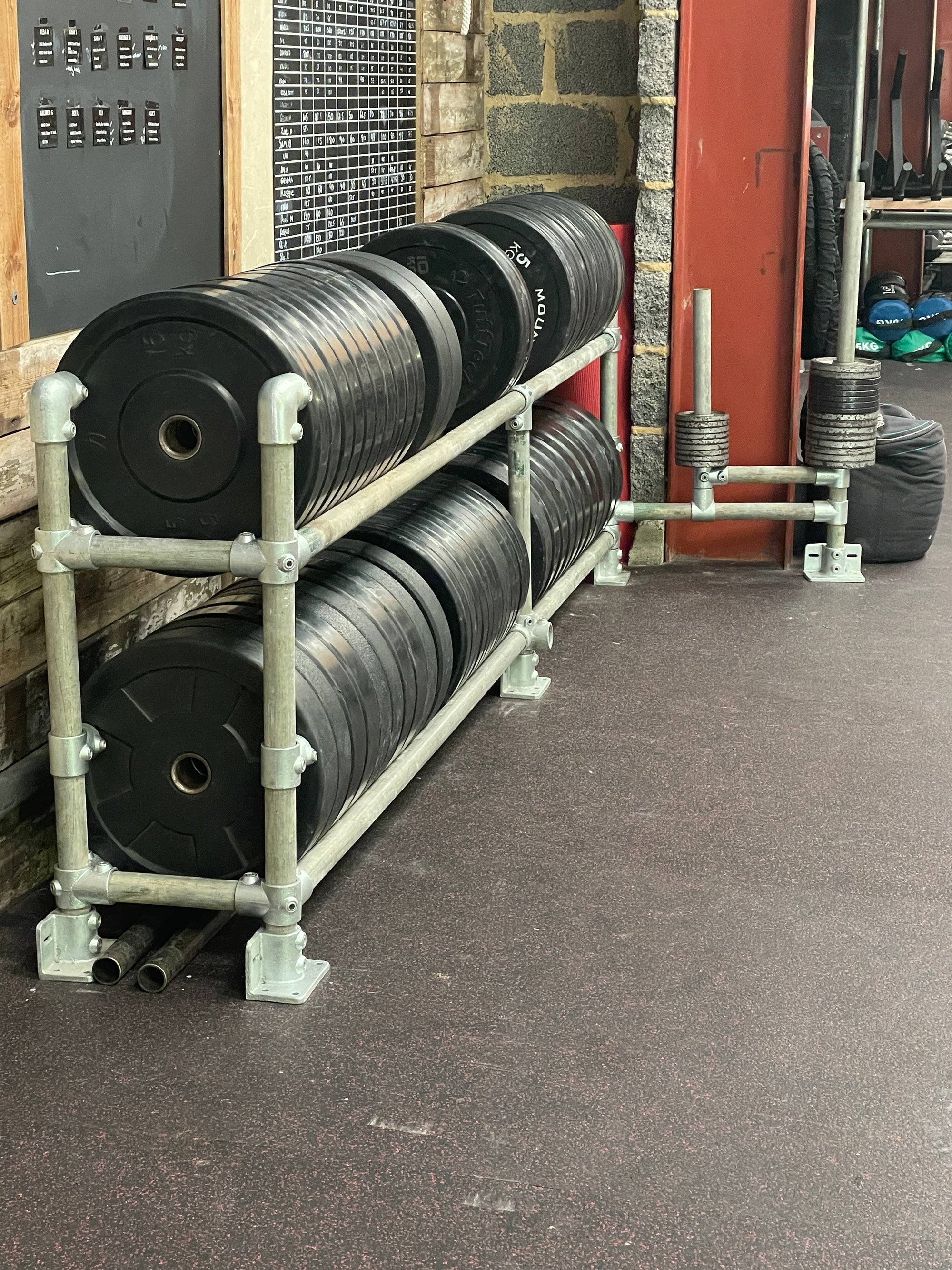 Gym storage rack made from scaffolding