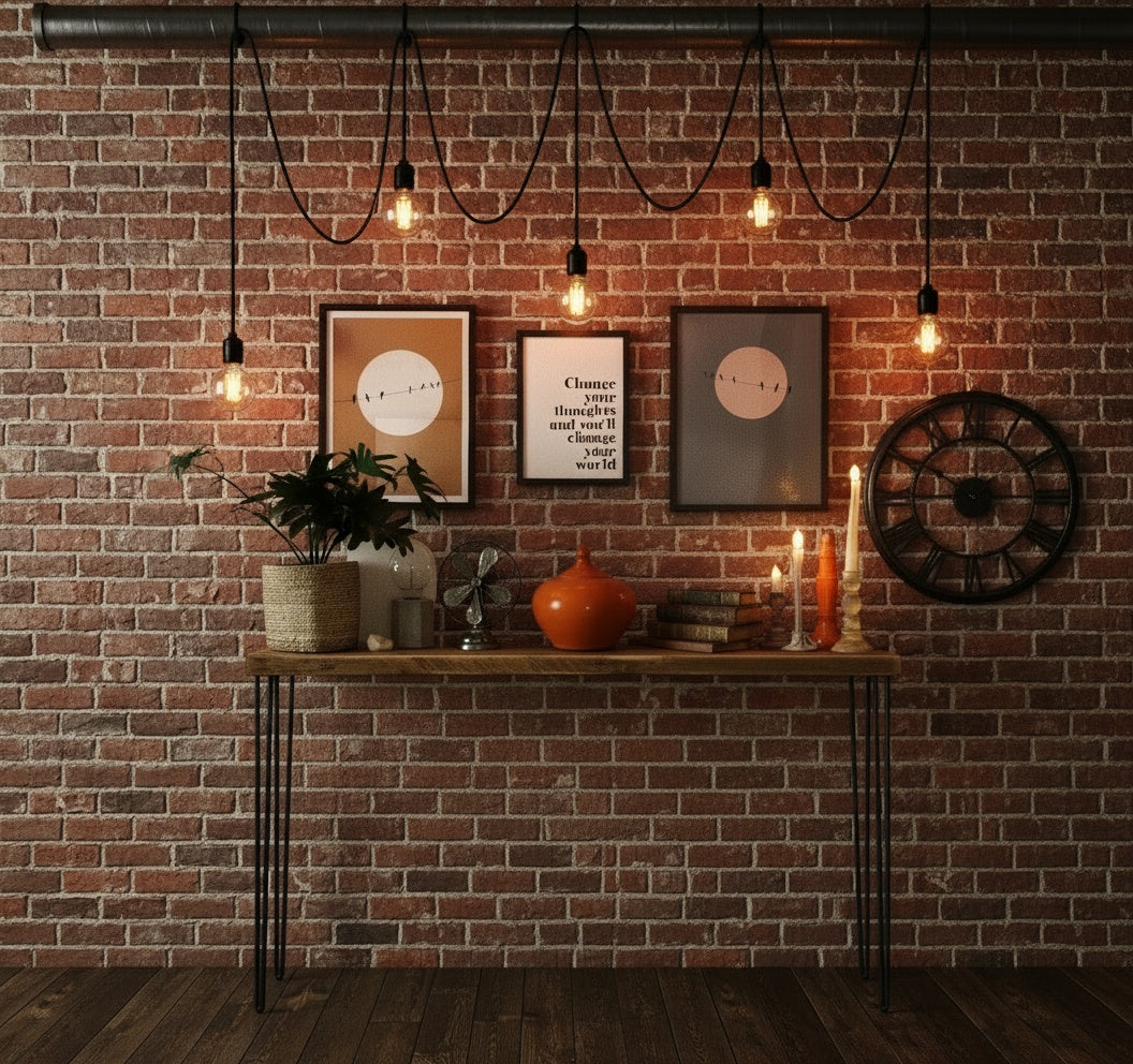 Decorative setup with a wooden console table against a brick wall, featuring framed art and decorative items.
