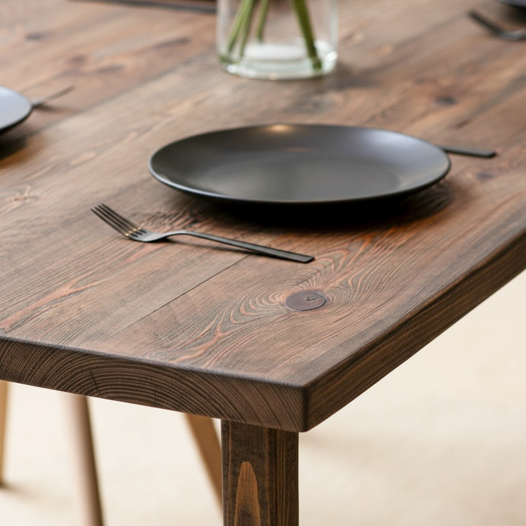 Jacobean Oak colour dining table with Black plate on a wooden table with a fork and a vase in the background