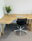 Wooden L-shaped desk with a black office chair and a plant in a room.