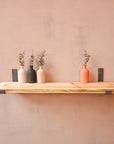 A reclaimed rustic wooden shelf with hanging brackets, Made from scaffolding