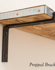 Propped metal bracket to fit standard scaffolding board