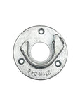 Metallic circular component with hooks on a light gray background