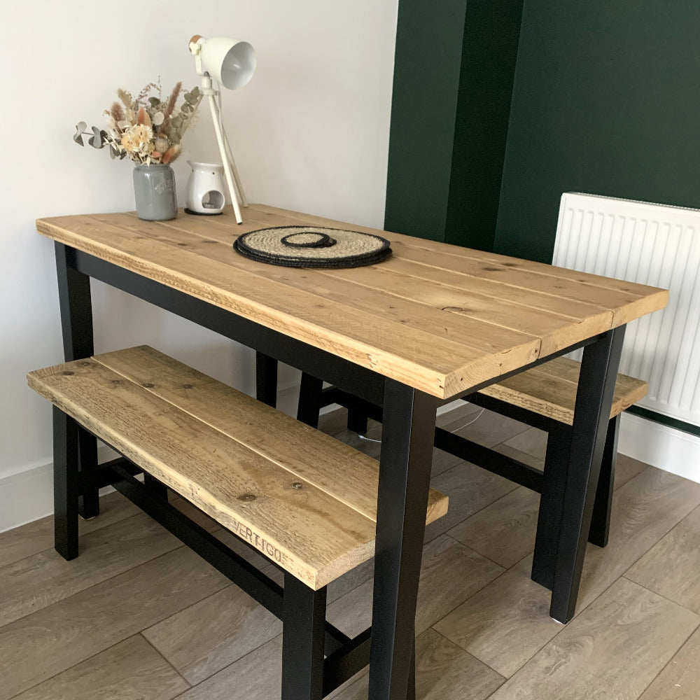 Hand Sanded Scaff Boards to make a beautiful industrial dining table and bench