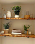 Hand made shelves from sanded scaffold board.