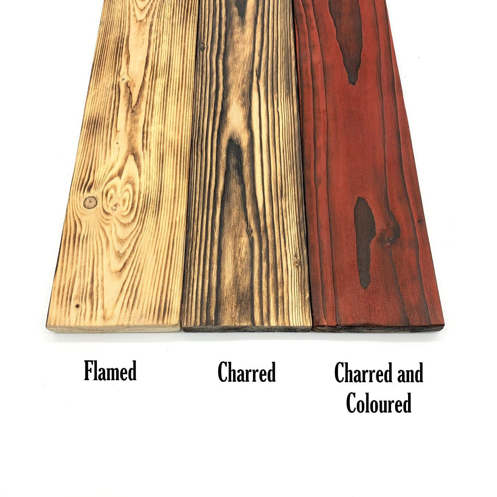 Flamed and charred options on pallewet wood samples
