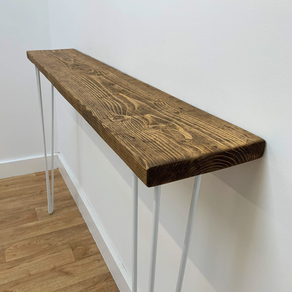 Beautiful grain on a dark jacobean coloured scaffold board console table
