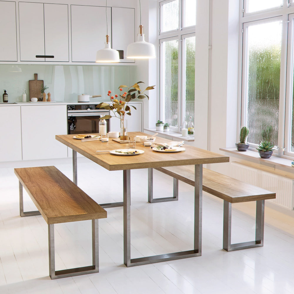 Scaffold Table Industrial Legs in dining room with benches