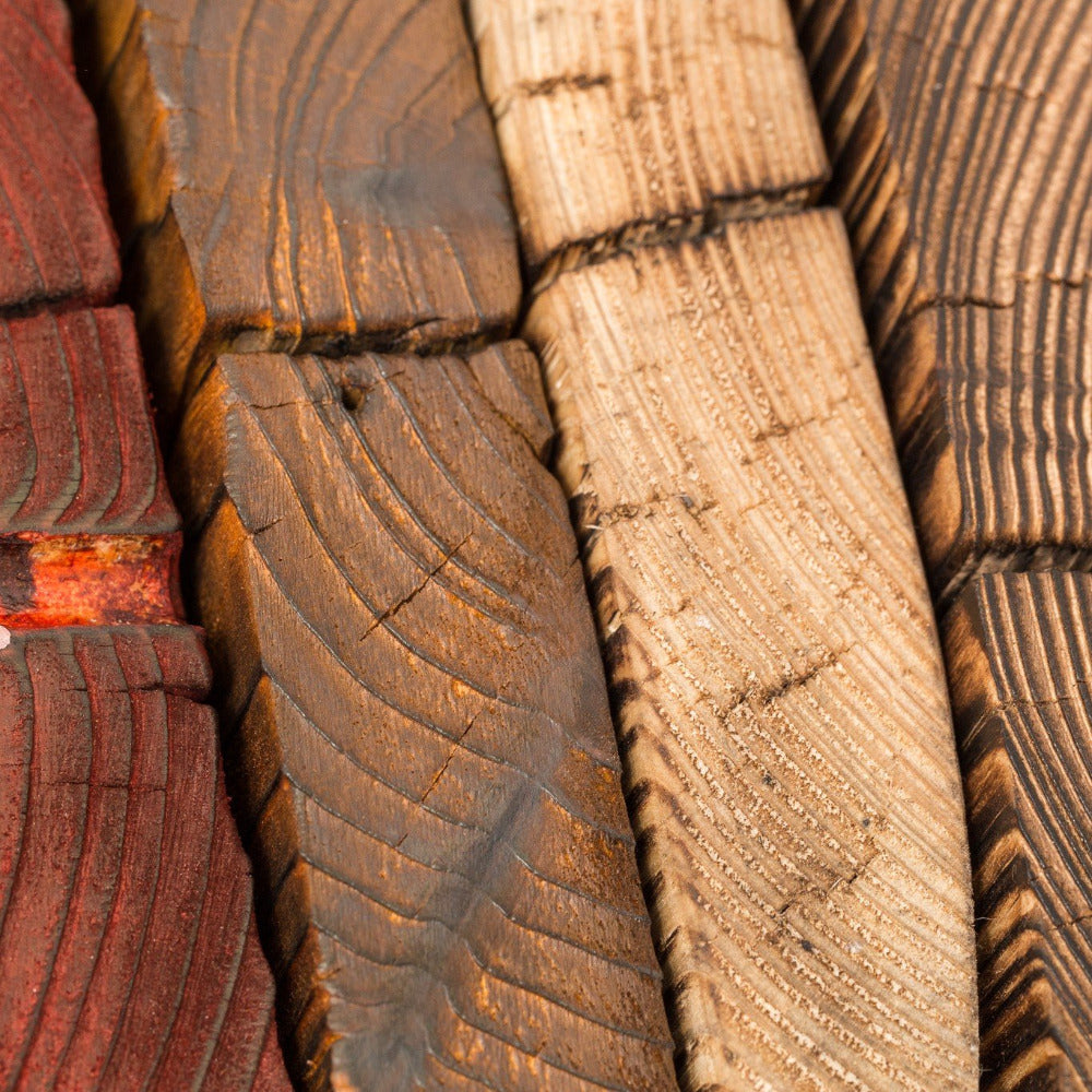 End grain showing lovely character of coloured reclaimed natural timber for shelves and furniture