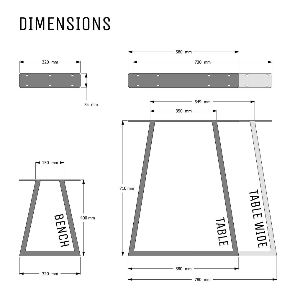 Dimensions diagram for industrial box section table legs
