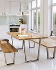 V Shaped industrial legs paired with tables or benches in kitchen