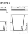 Dimensions diagram for V frame industrial table and bench legs