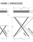 Dimensions diagram for X frame table and bench legs.