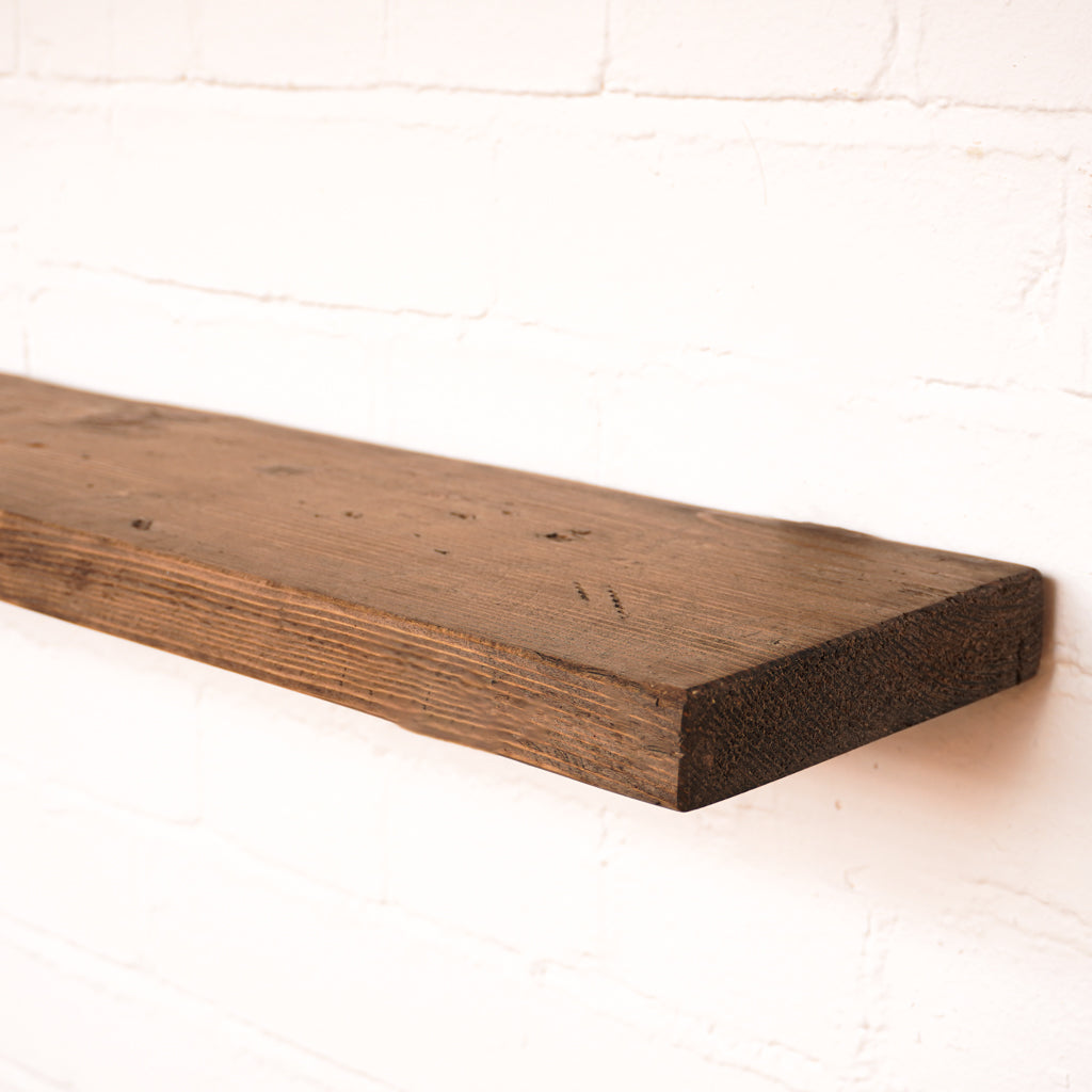 Floating dark wooden shelf 165mm wide made from scaffolding boards
