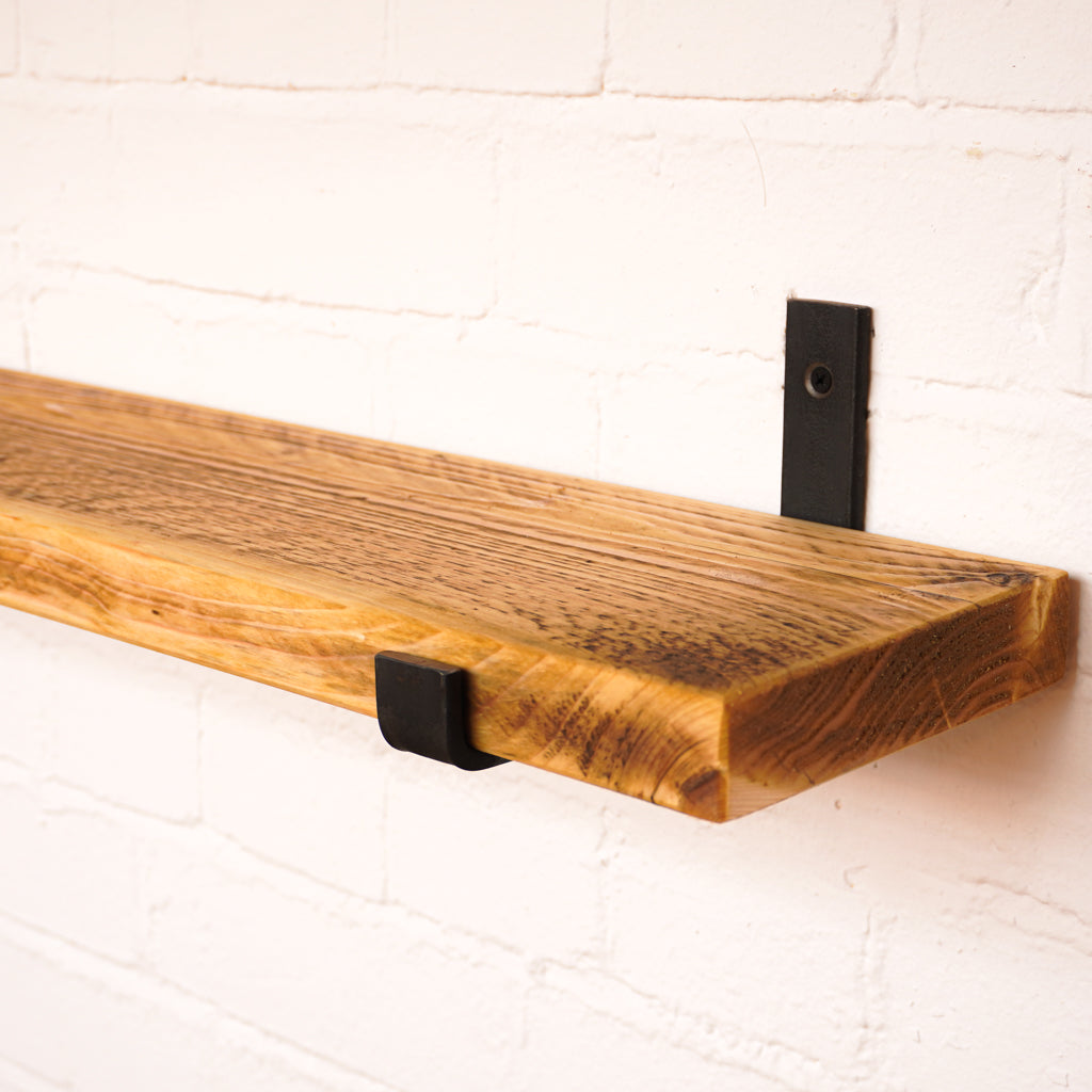 Wooden antique radiator shelf made from scaffold boards with hanging brackets