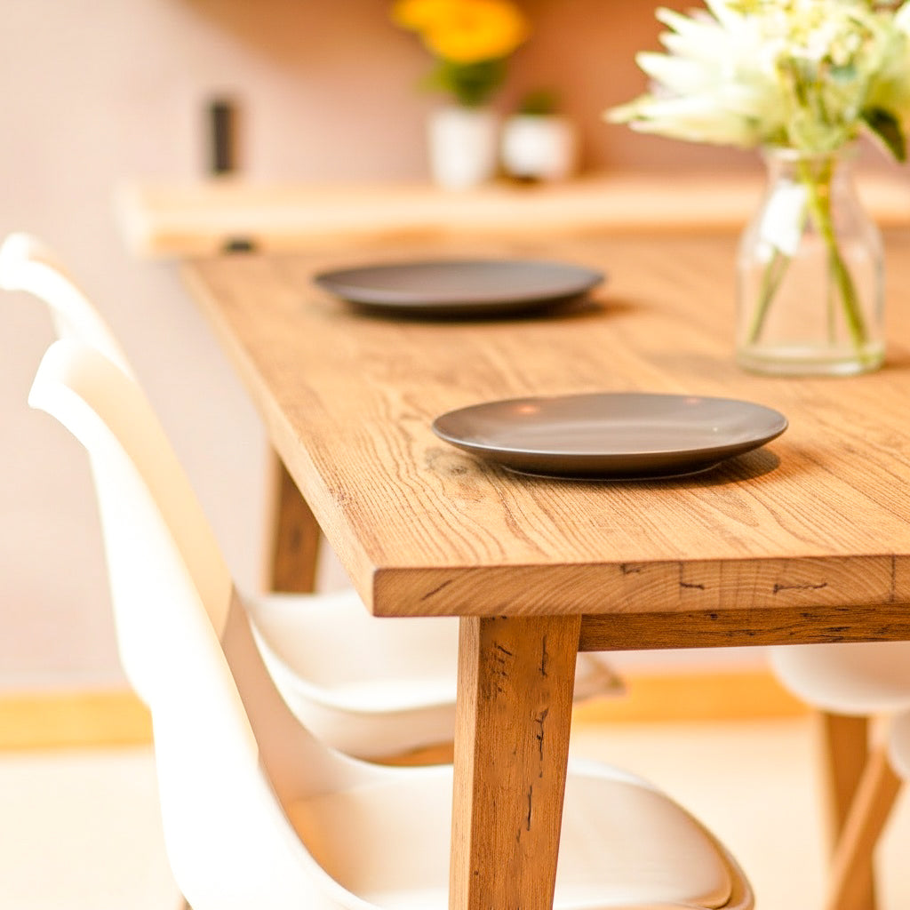 Antique Wooden dining table with two dark plates and a vase of flowers in a softly lit room.