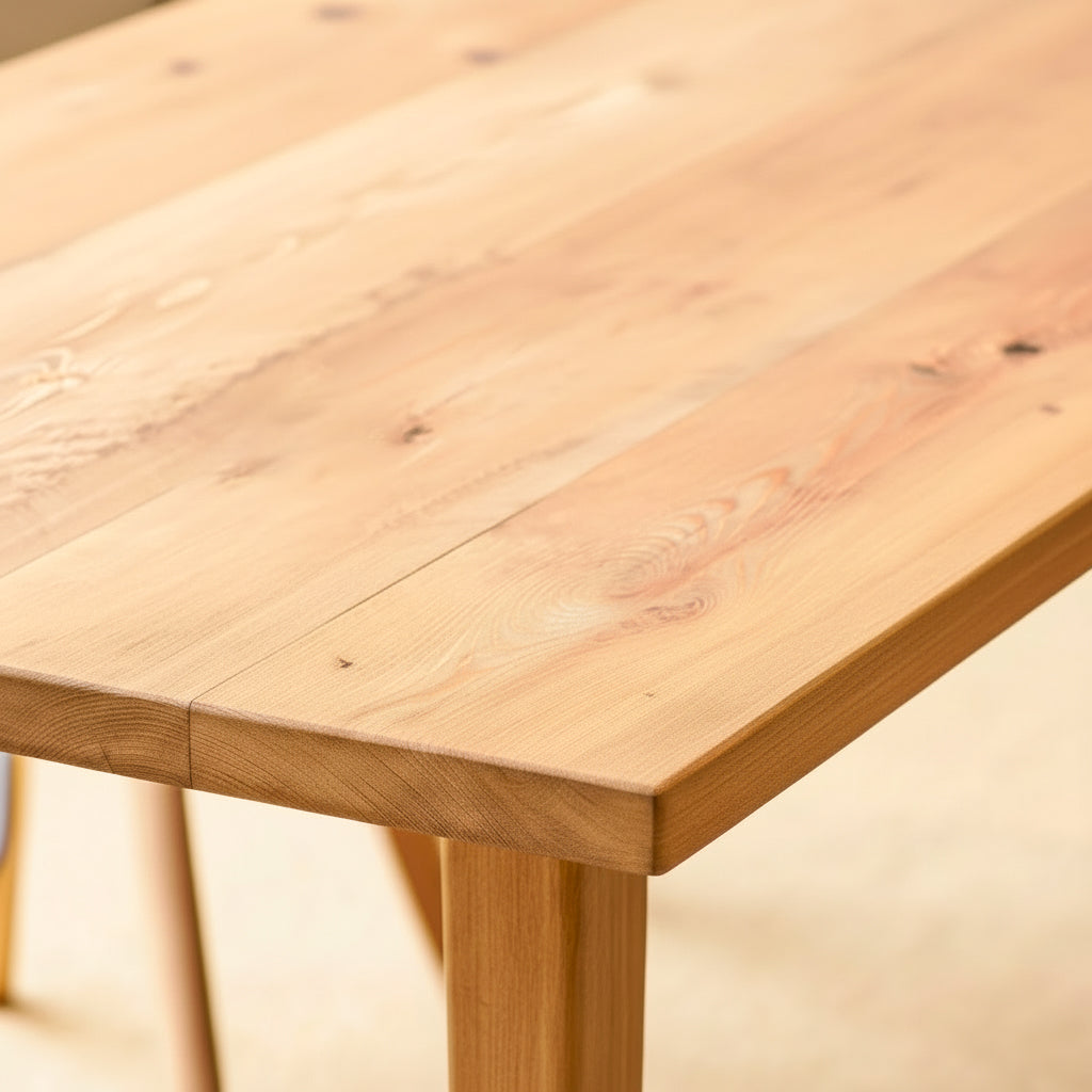 Close-up of a wooden table with a light wood finish using Antique danish oil