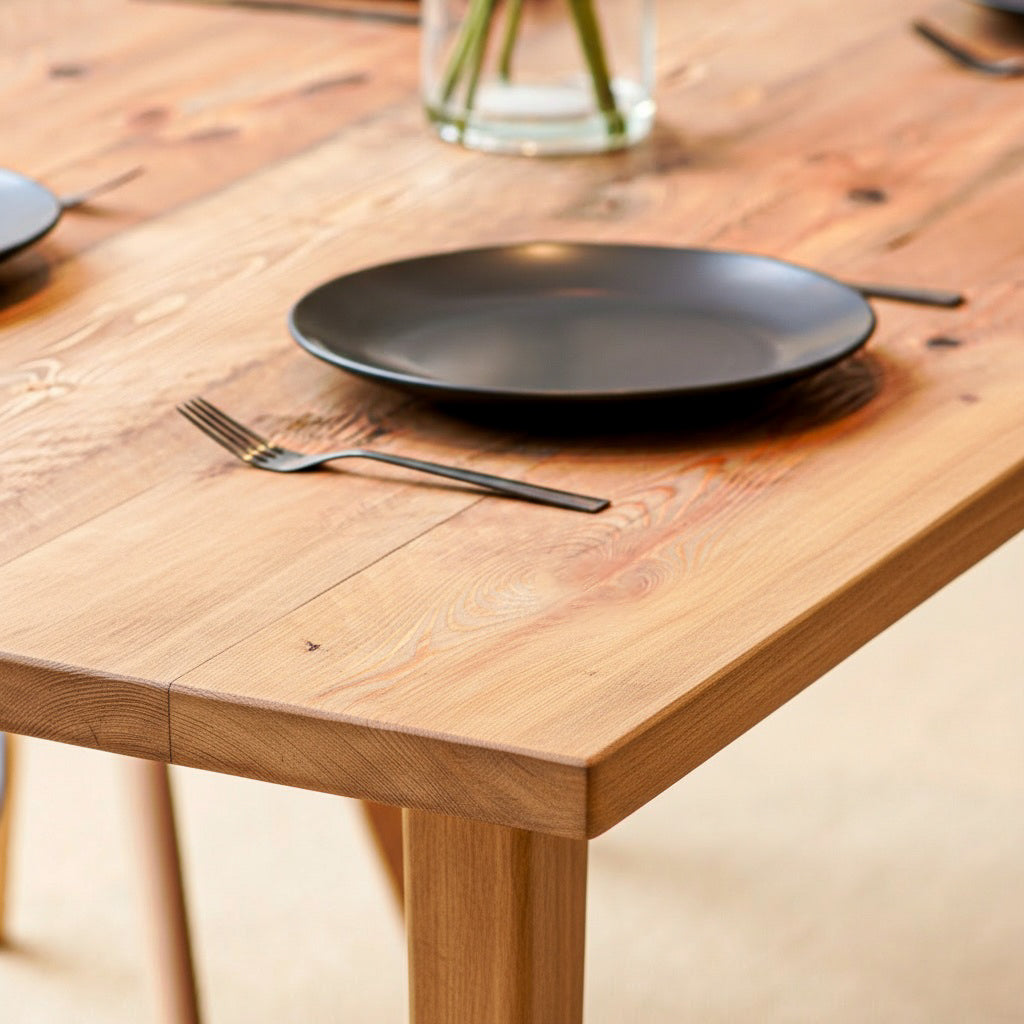 Antique Wooden dining table with black plates and fork on a wooden floor.