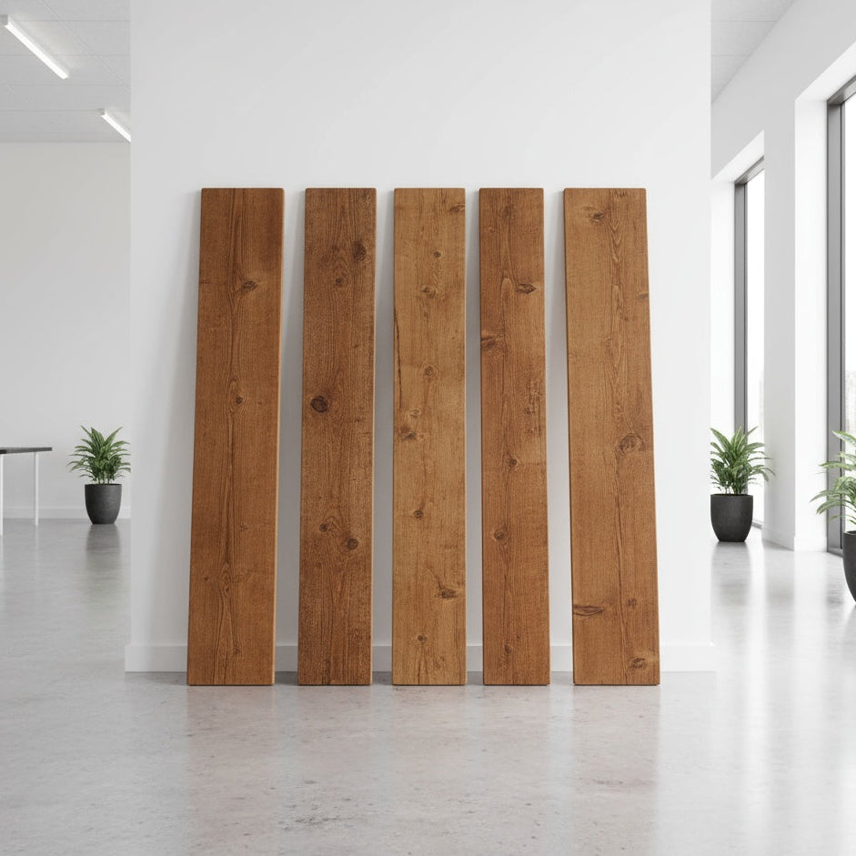 Rustic Scaffolding Boards stood against a white wall in a modern environment.