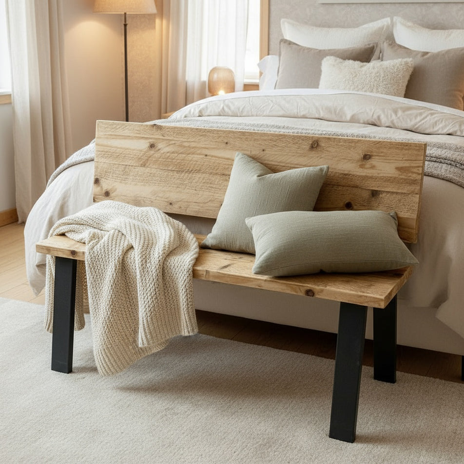 Wooden bench with pillows and a blanket in front of a bed in a bedroom setting.