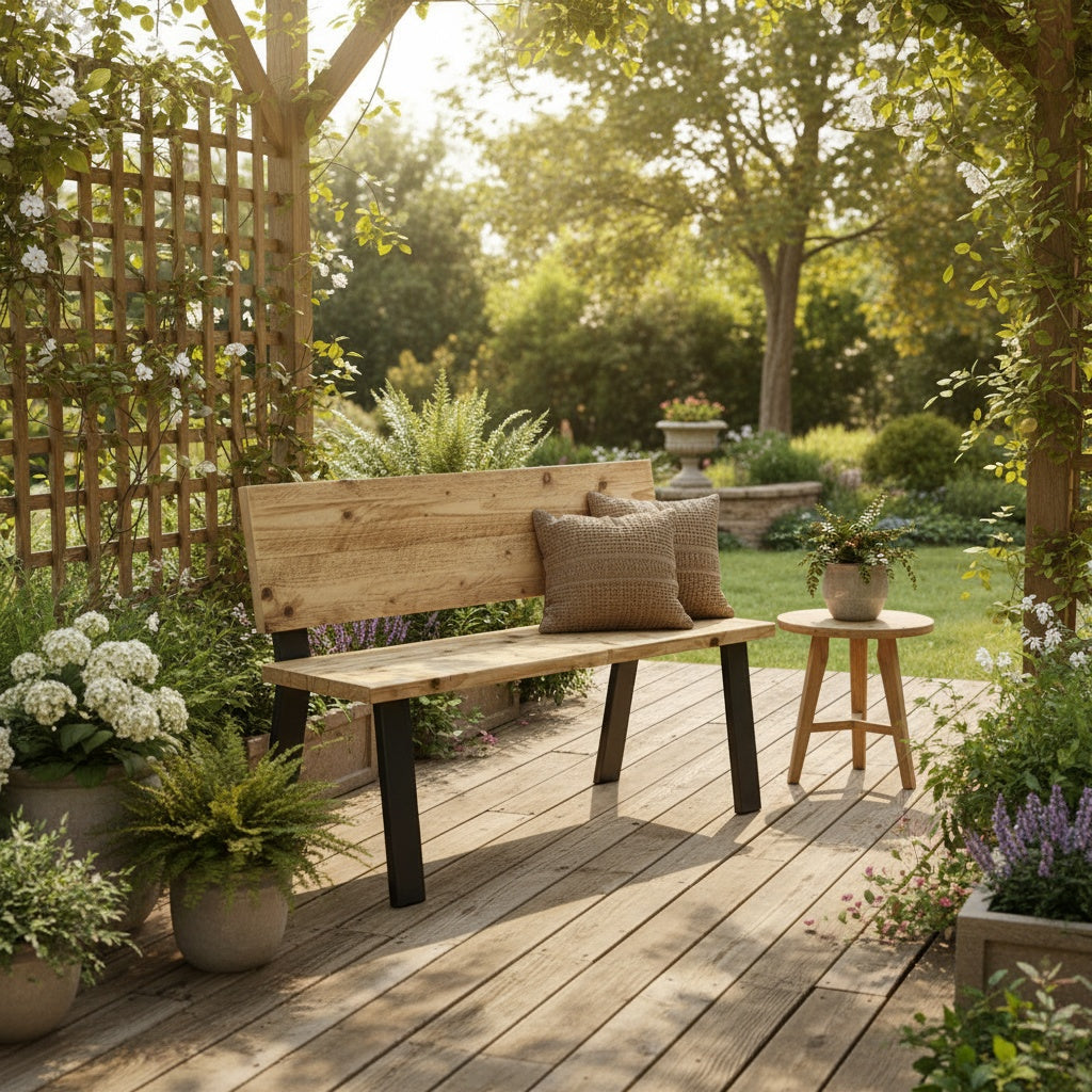Wooden bench with cushions on a wooden deck surrounded by plants and garden furniture.