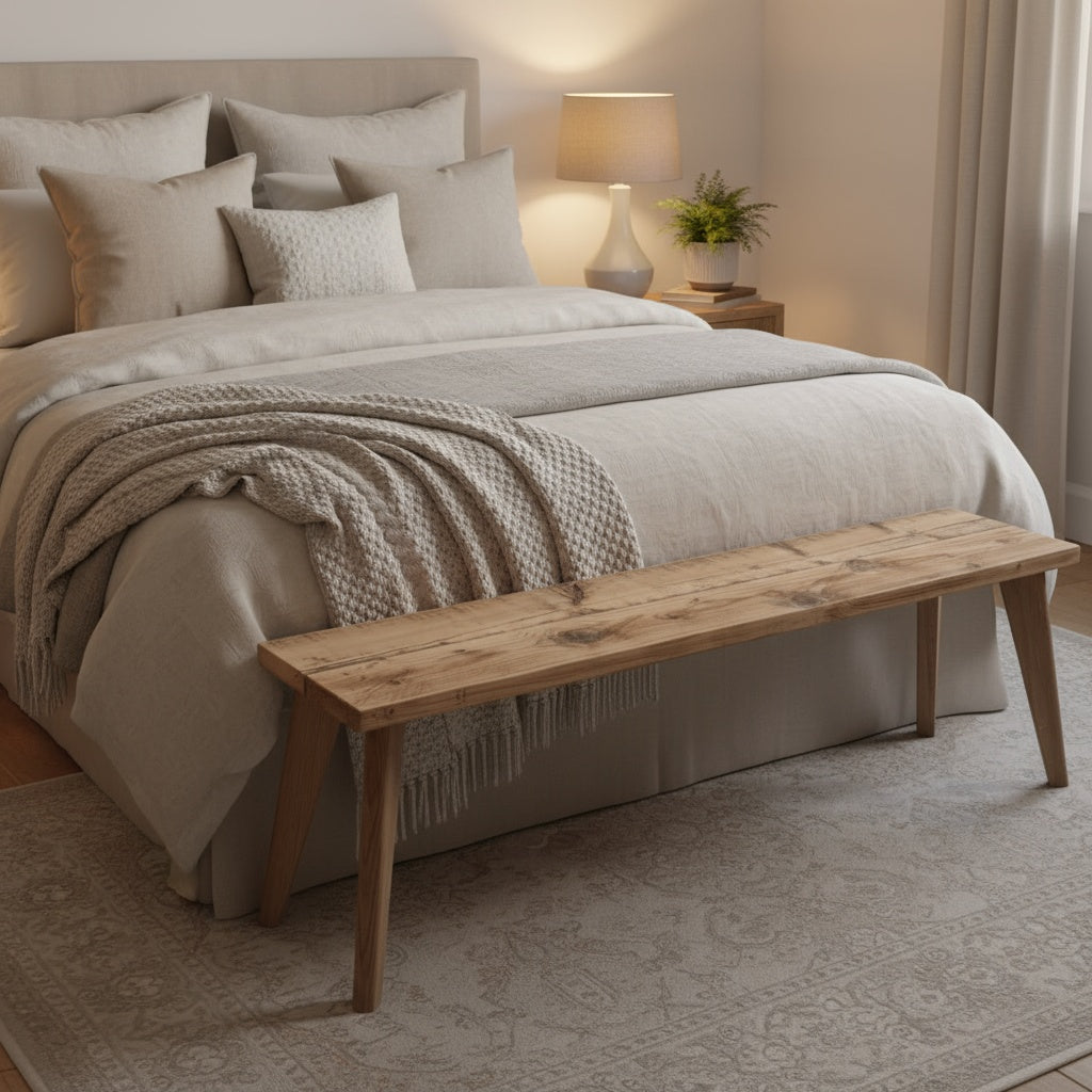 Bedroom with a wooden bench at the foot of the bed