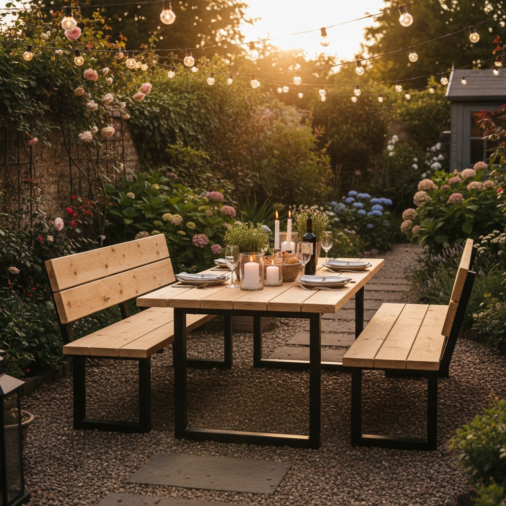Outdoor dining setup with wooden table and benches in a garden at sunset.