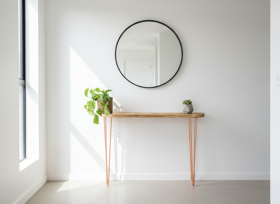 Minimalist interior with a round mirror and wooden console table against a white wall.