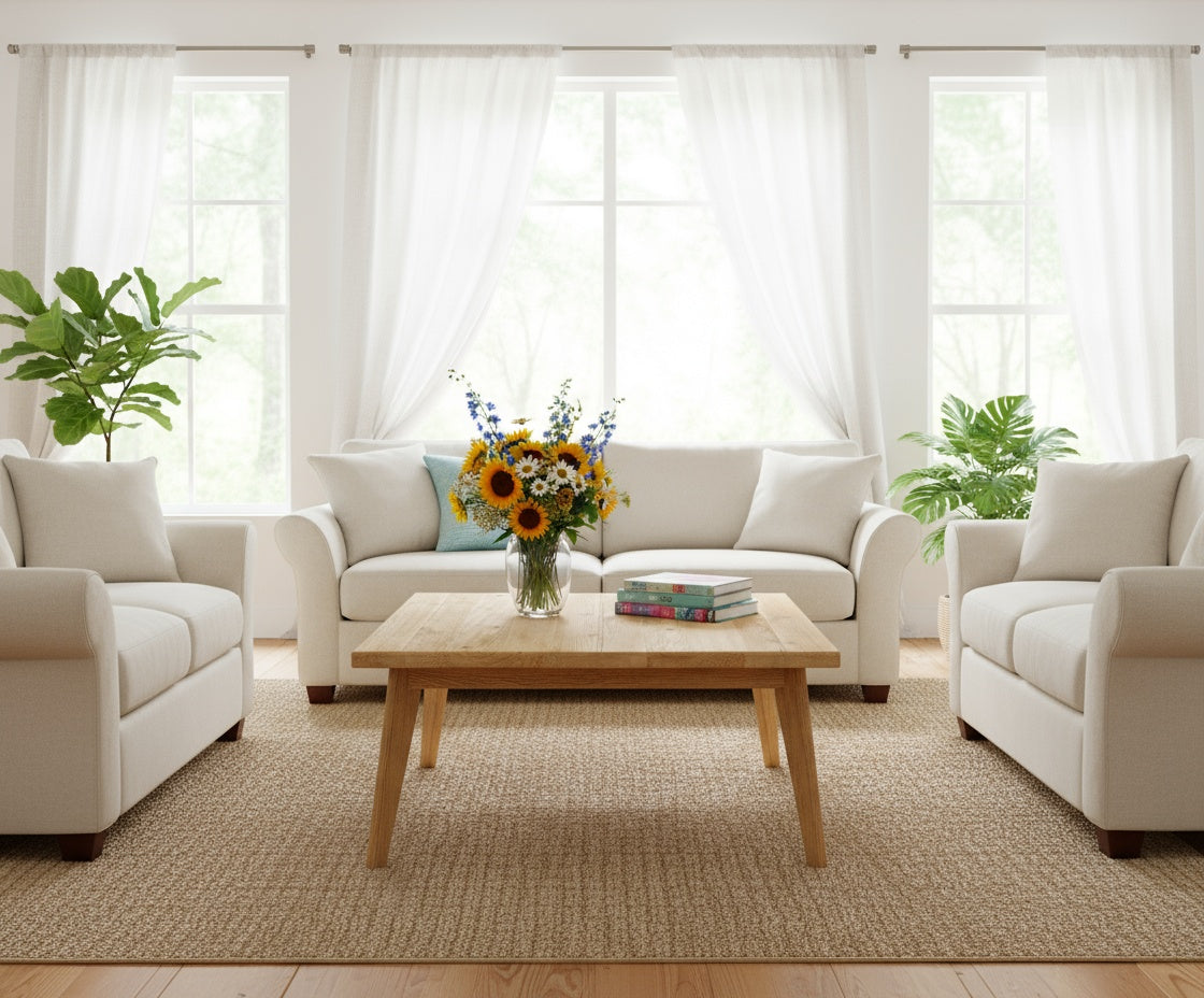 Living room with white sofa, wooden coffee table, and decorative elements.