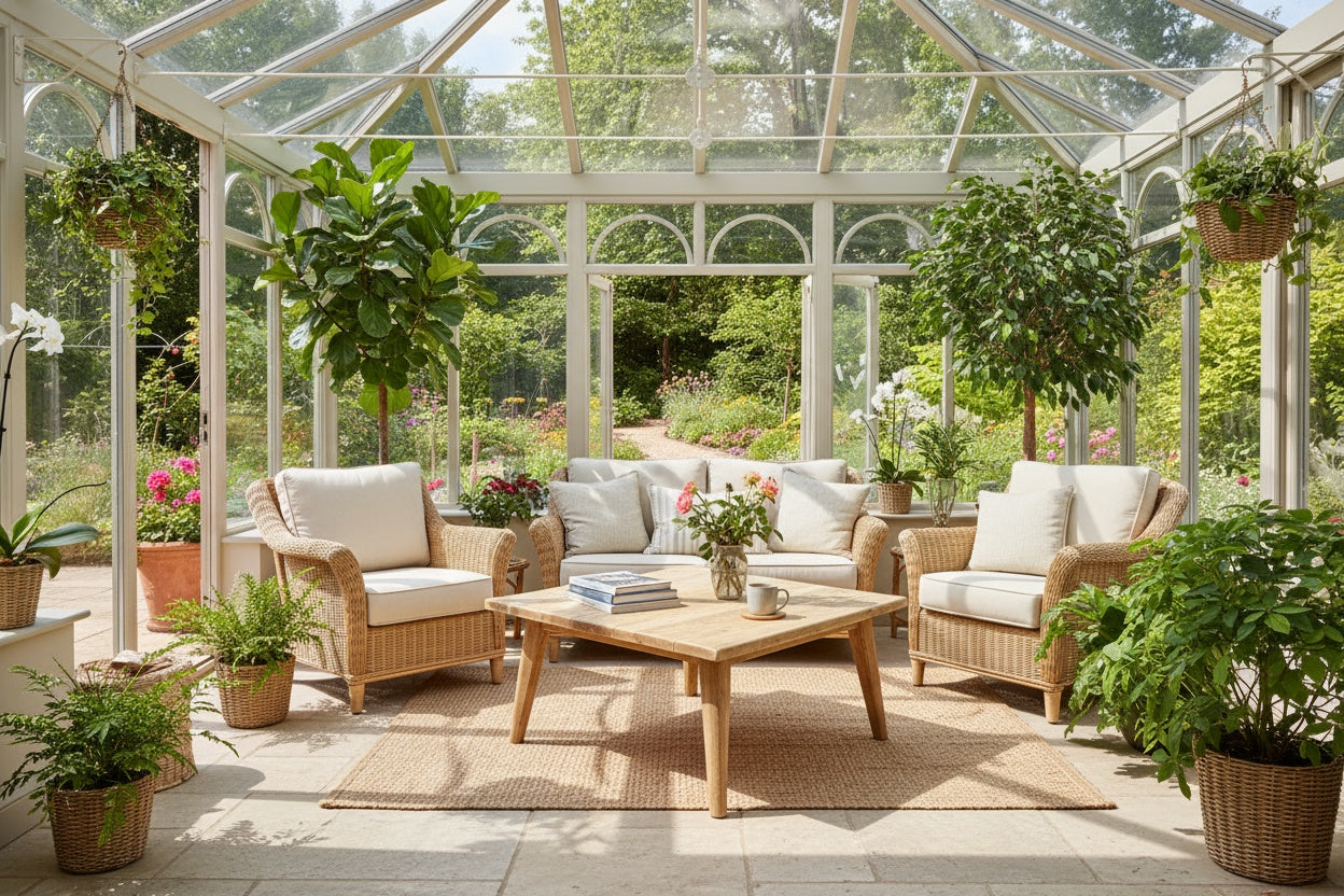 Conservatory with lots of plants and rustic coffee table