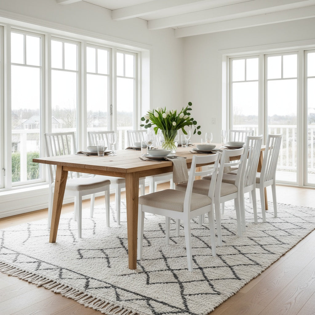 Dining room with wooden table and white chairs near large windows.