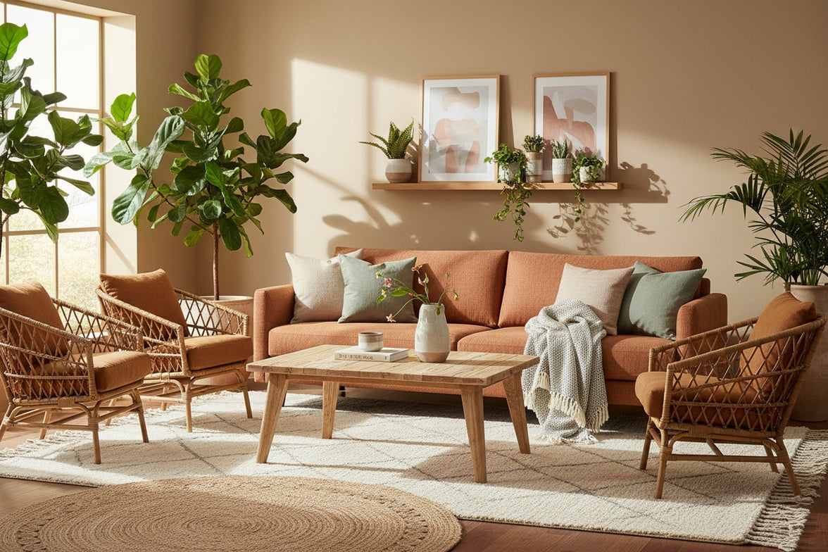 Cozy living room with a brown sofa, wooden coffee table, and wicker chairs.
