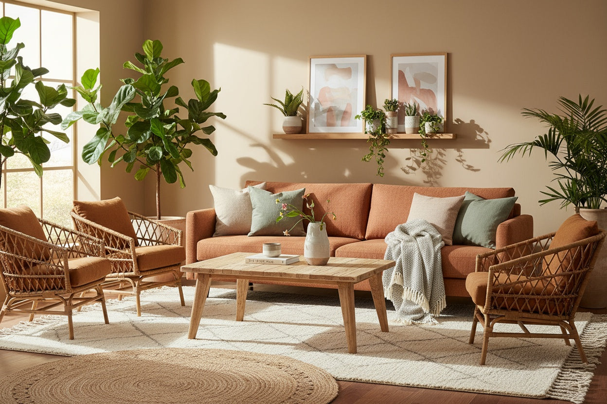 Cozy living room with a brown sofa, wooden coffee table, and wicker chairs.