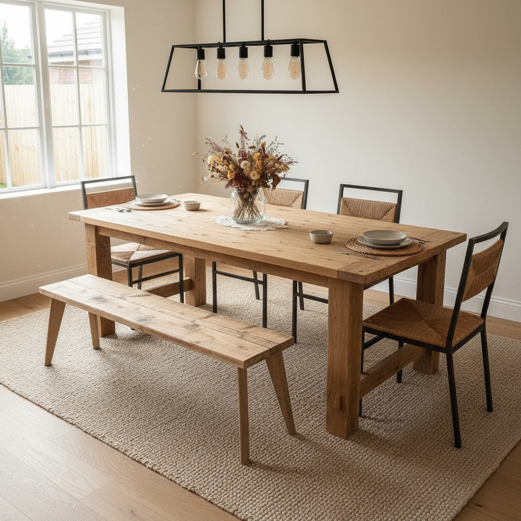 Dining room with wooden table, chairs, and bench on a rug.