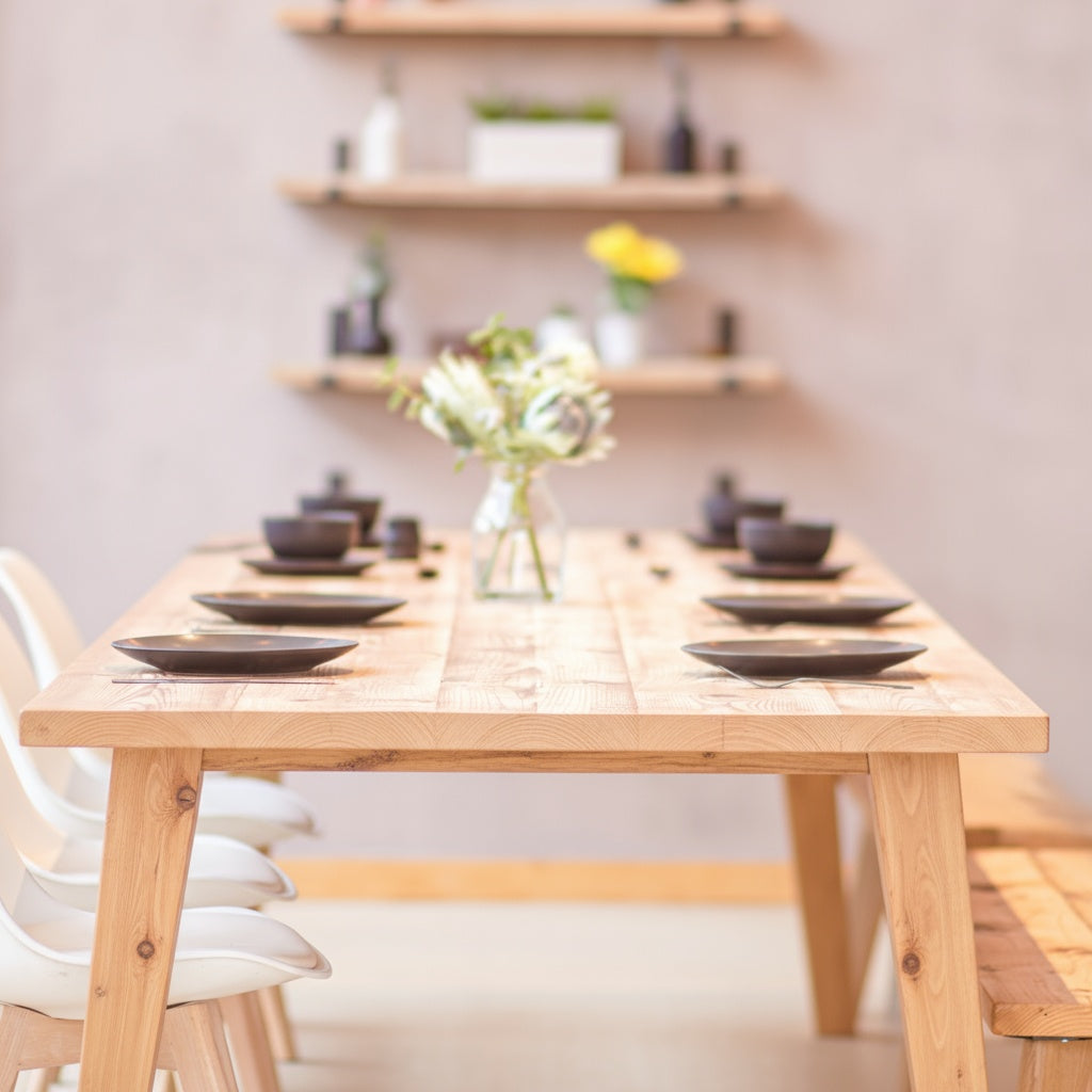 Rustic Dining table set with plates and a vase in a room with shelves in the background