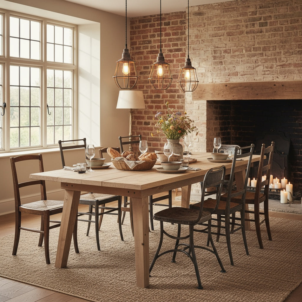 Dining room with wooden table and chairs, brick wall, and fireplace.