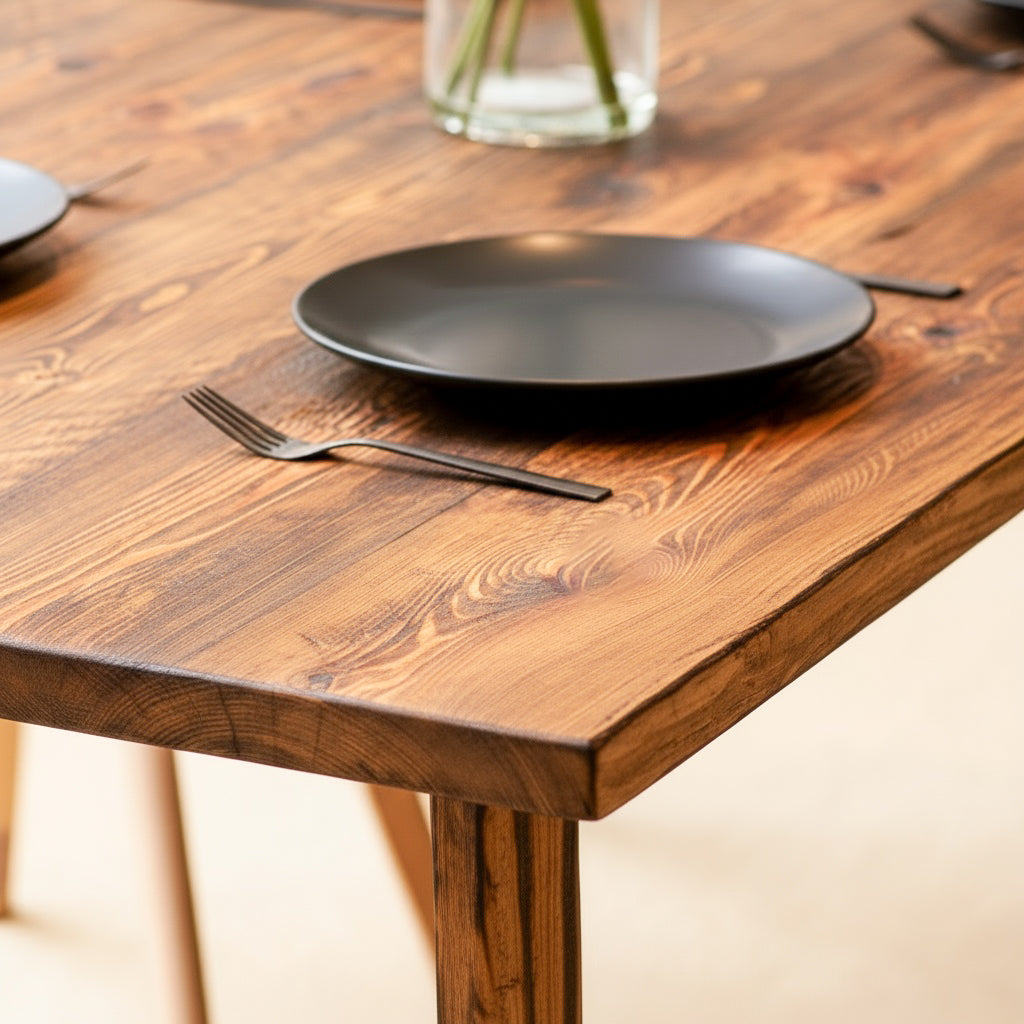 Wooden table with a black plate and fork on a neutral background Flamed finish