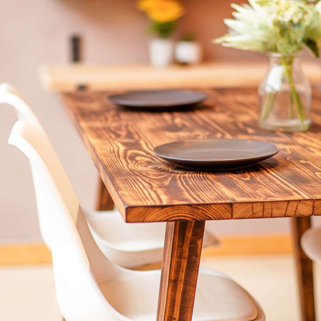 Flamed Wooden dining table with two black plates and white chairs in a softly blurred background