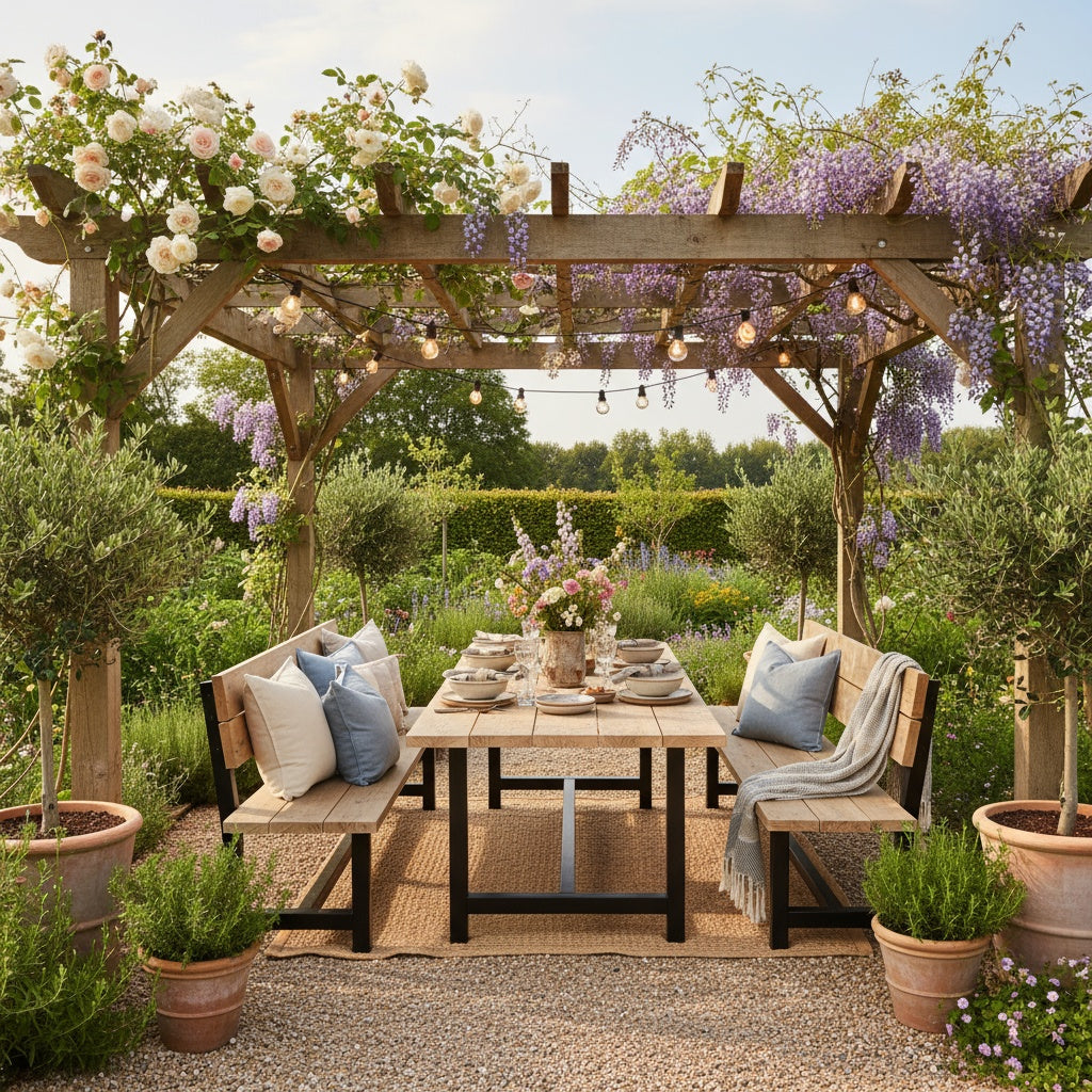 Rustic outdoor dining et under a pergola with climbing plants
