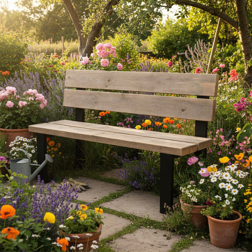 Outdoor Wooden bench in a garden with flowers and plants with metal legs