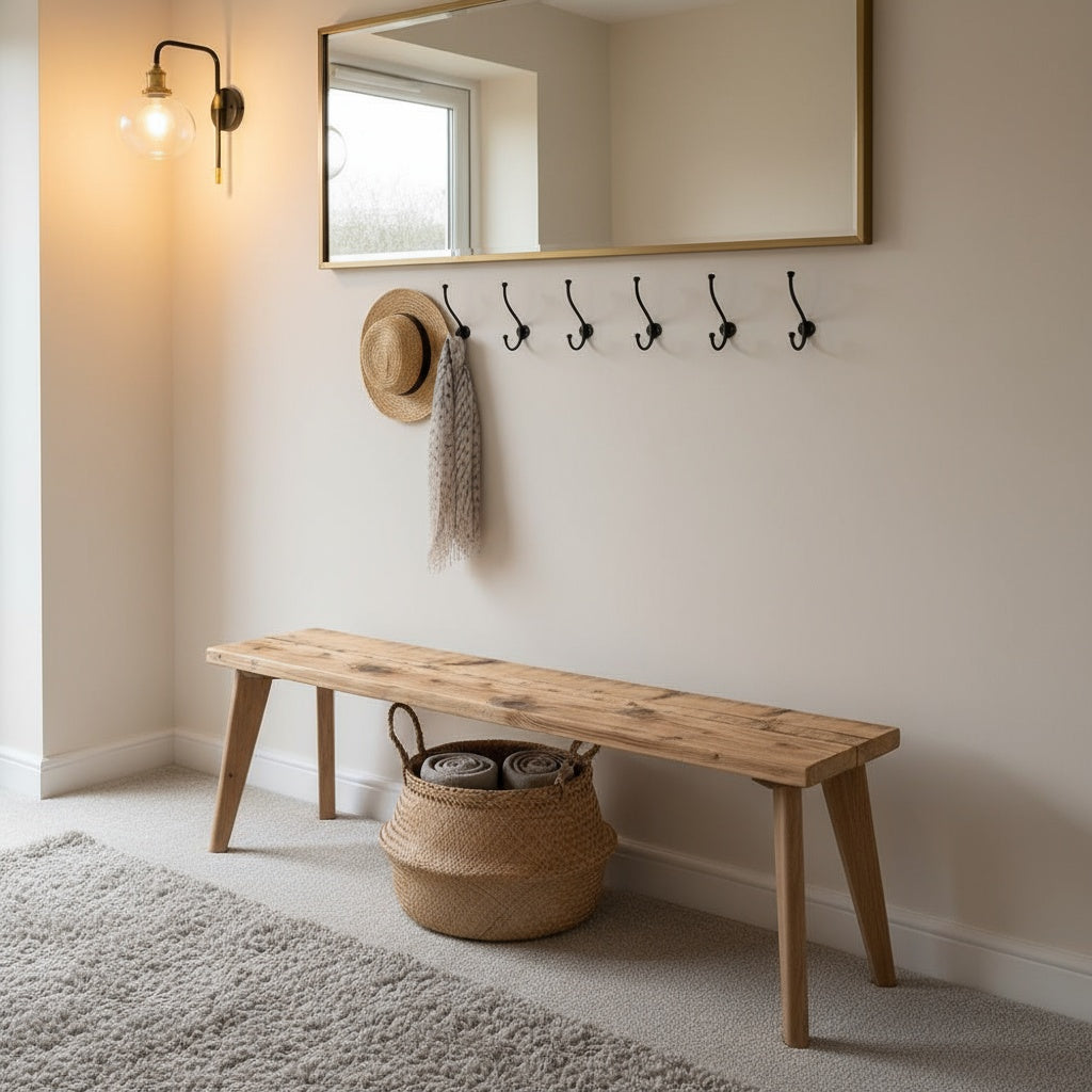 Wooden bench in a hallway with coat hooks and a basket underneath