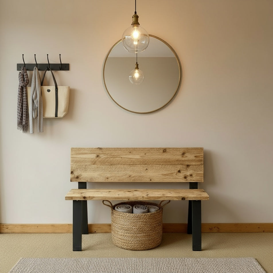 Wooden bench in a hallway with a mirror, light fixture, and basket, 