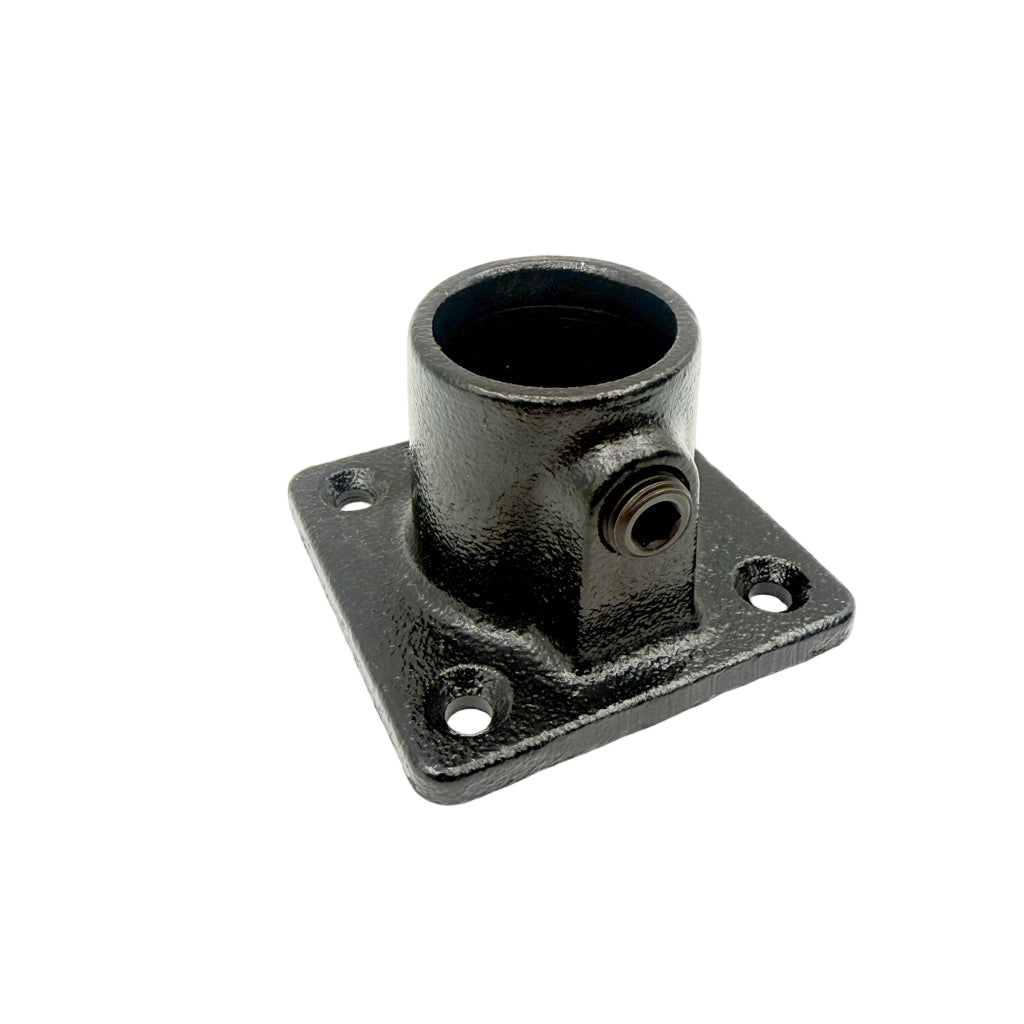 Black metal wall flange fitting on a white background