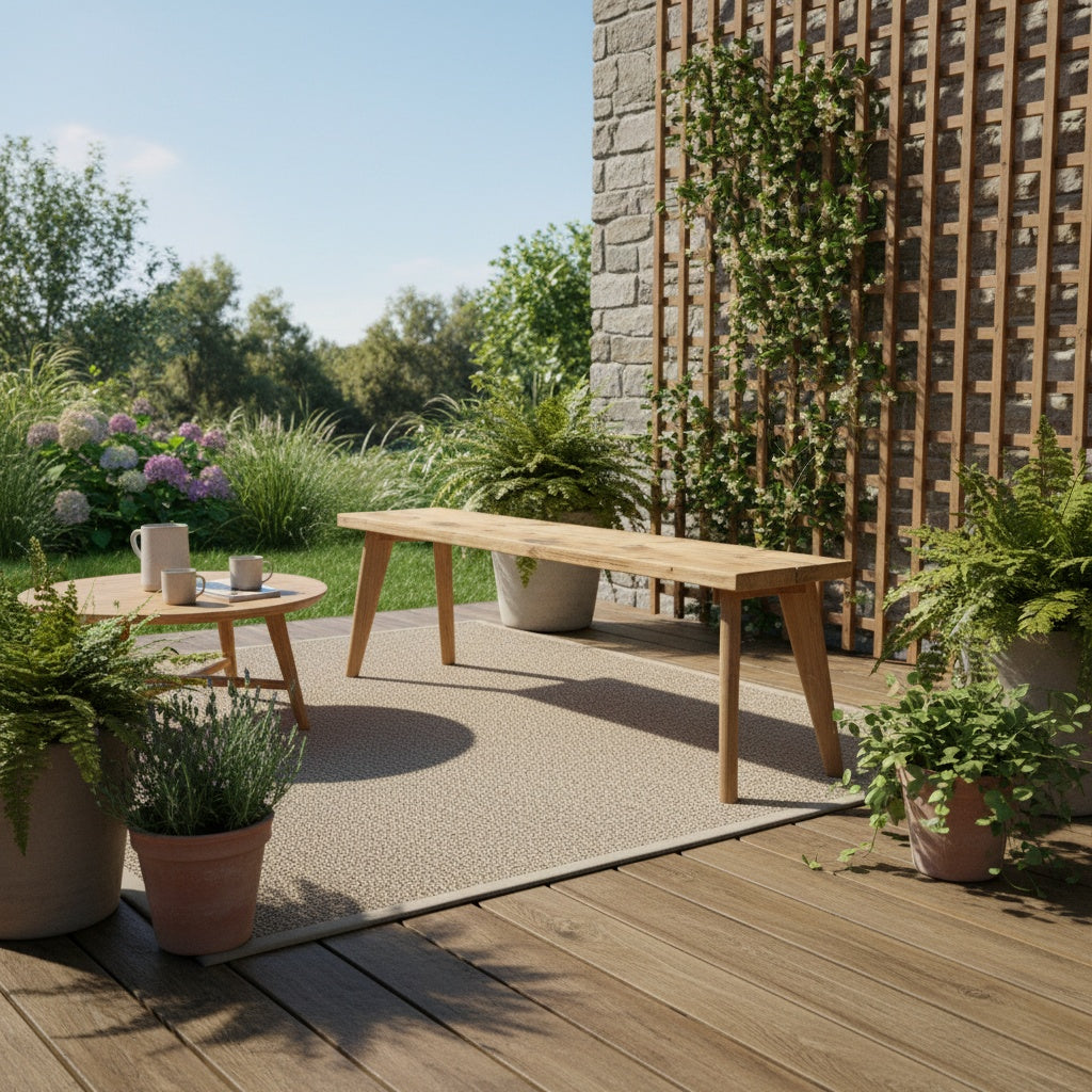 Outdoor patio with wooden table, chairs, and potted plants on a wooden deck.