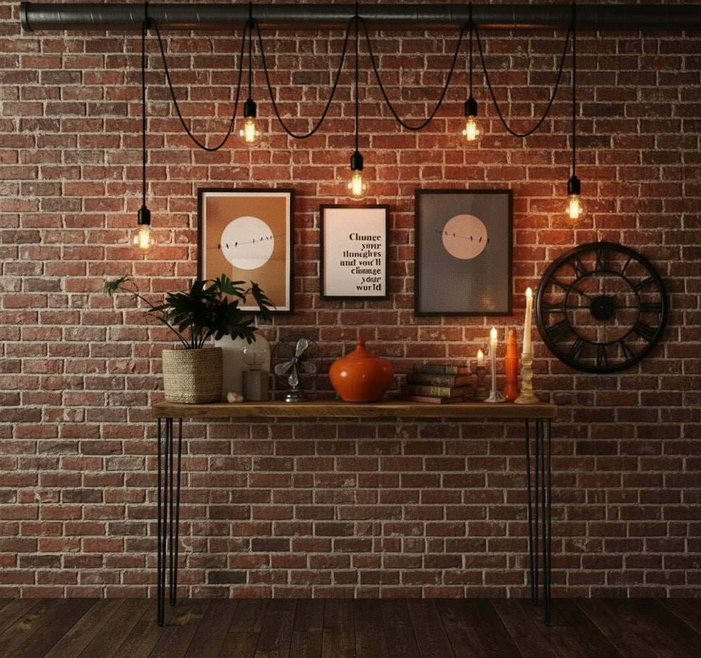 Decorative setup with a wooden console table against a brick wall, featuring framed art and decorative items.