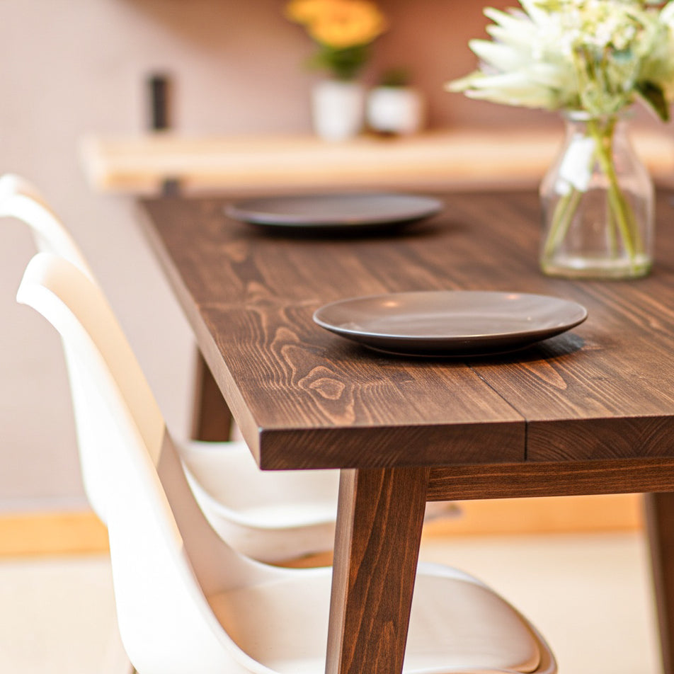 Wooden dining table with two plates and a vase of flowers in a softly blurred room setting. Jacobean Oak finish